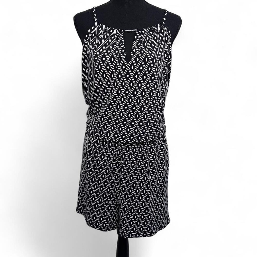 Black‎ White Geometric Diamond Print Romper Sleeveless Halter Keyhole Neck XL